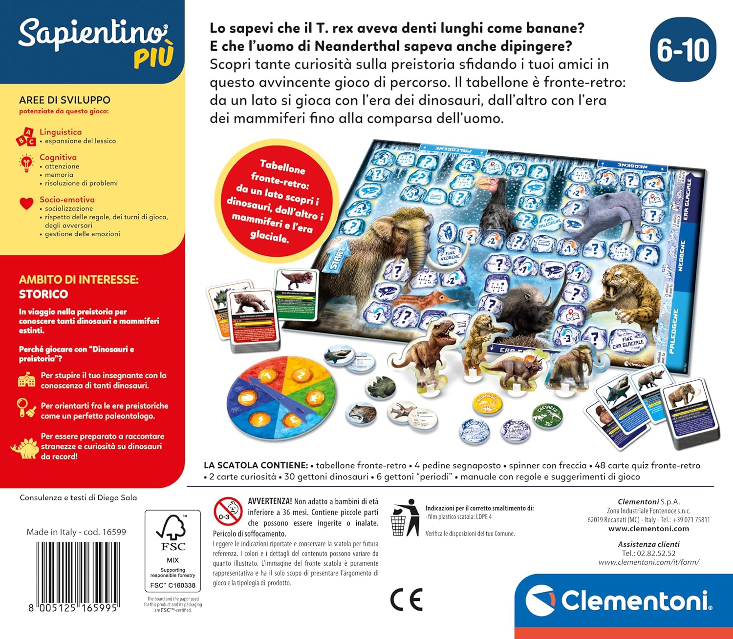 Clementoni- Sapientino più prehistoria Educativo de 6 años, Mesa para niños, Juego, cuestionarios sobre Dinosaurios, Fabricado en Italia, Color Italiano (16599