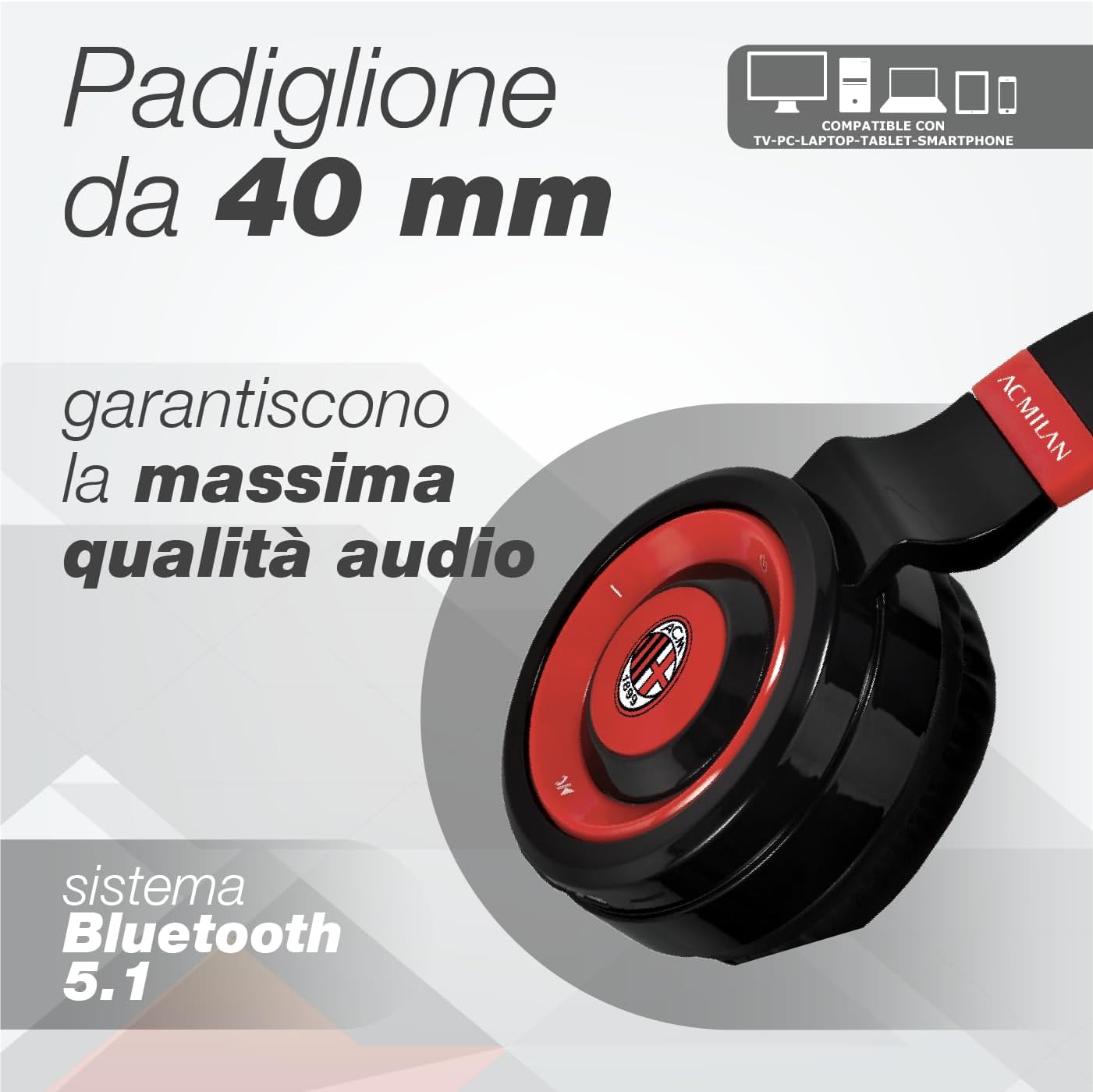 AC Milan Wireless Headphones Over-Ear Wireless Headphones, Foldable Wireless Bluetooth Headphones, Headphones with Built-in Microphone, Micro SD Slot, FM Radio for iPhone/Android/Travel/PC