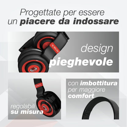 AC Milan Wireless Headphones Over-Ear Wireless Headphones, Foldable Wireless Bluetooth Headphones, Headphones with Built-in Microphone, Micro SD Slot, FM Radio for iPhone/Android/Travel/PC