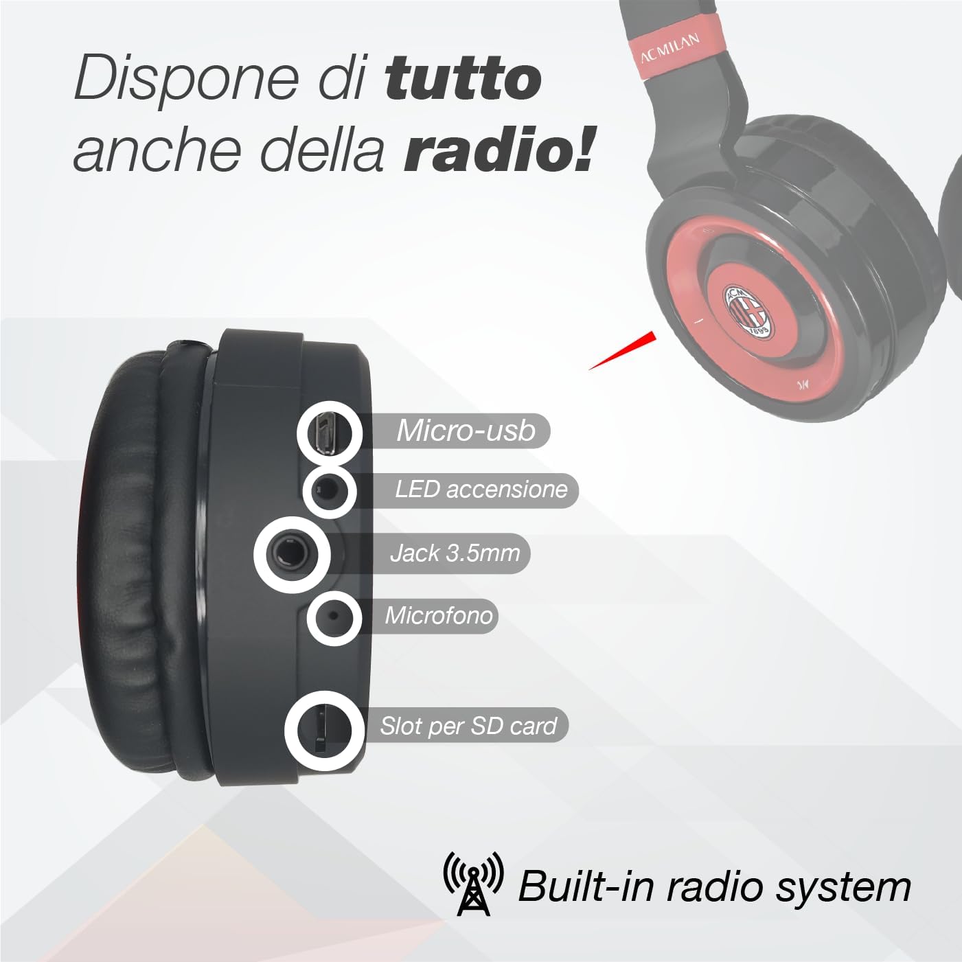 AC Milan Wireless Headphones Over-Ear Wireless Headphones, Foldable Wireless Bluetooth Headphones, Headphones with Built-in Microphone, Micro SD Slot, FM Radio for iPhone/Android/Travel/PC