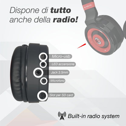 AC Milan Wireless Headphones Over-Ear Wireless Headphones, Foldable Wireless Bluetooth Headphones, Headphones with Built-in Microphone, Micro SD Slot, FM Radio for iPhone/Android/Travel/PC