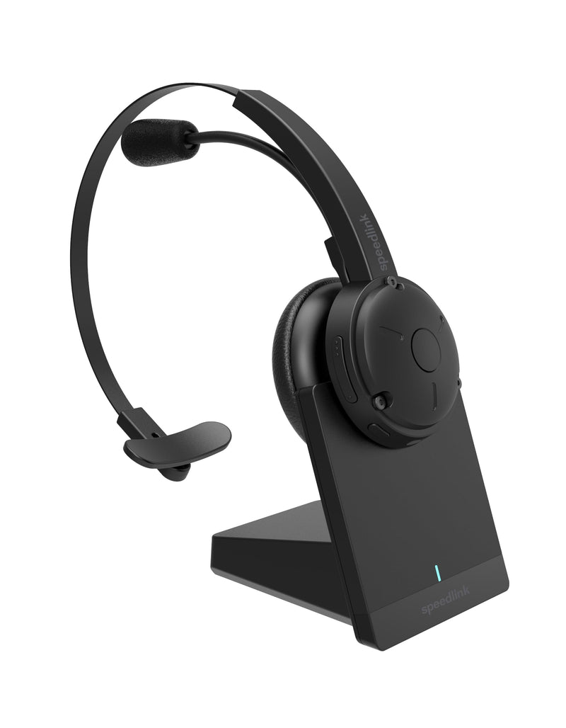 Speedlink SONA Pro Bluetooth Headset – very light mono headset with microphone and noise cancelling, with charging station for office and home office, connection wireless Bluetooth or USB cable, black