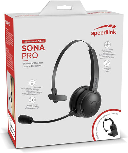 Speedlink SONA Pro Bluetooth Headset – very light mono headset with microphone and noise cancelling, with charging station for office and home office, connection wireless Bluetooth or USB cable, black