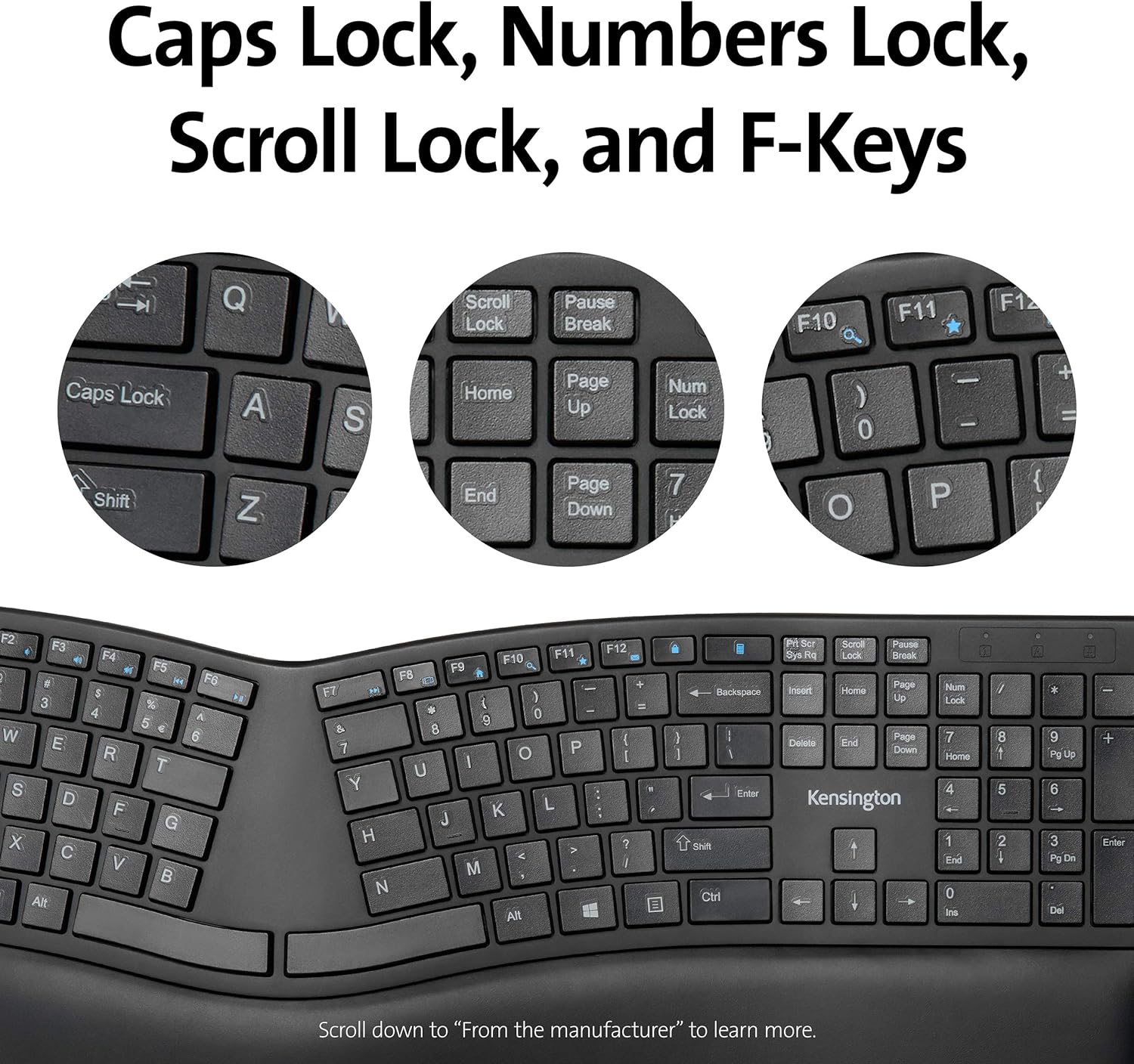 Kensington Pro Fit Ergo Wireless Keyboard, QWERTY keyboard layout, Dual 2.4 GHz and Bluetooth 4.2 technology, Compatible with Chrome OS, macOS and Windows, K75401UK,Black
