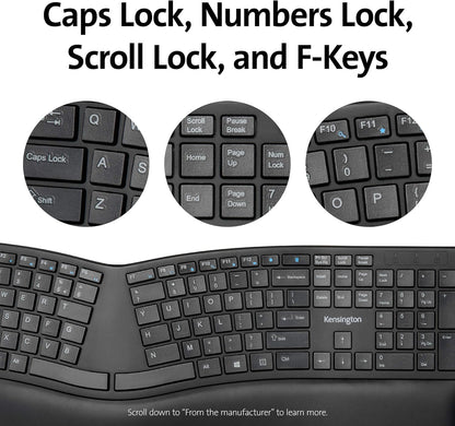 Kensington Pro Fit Ergo Wireless Keyboard, QWERTY keyboard layout, Dual 2.4 GHz and Bluetooth 4.2 technology, Compatible with Chrome OS, macOS and Windows, K75401UK,Black