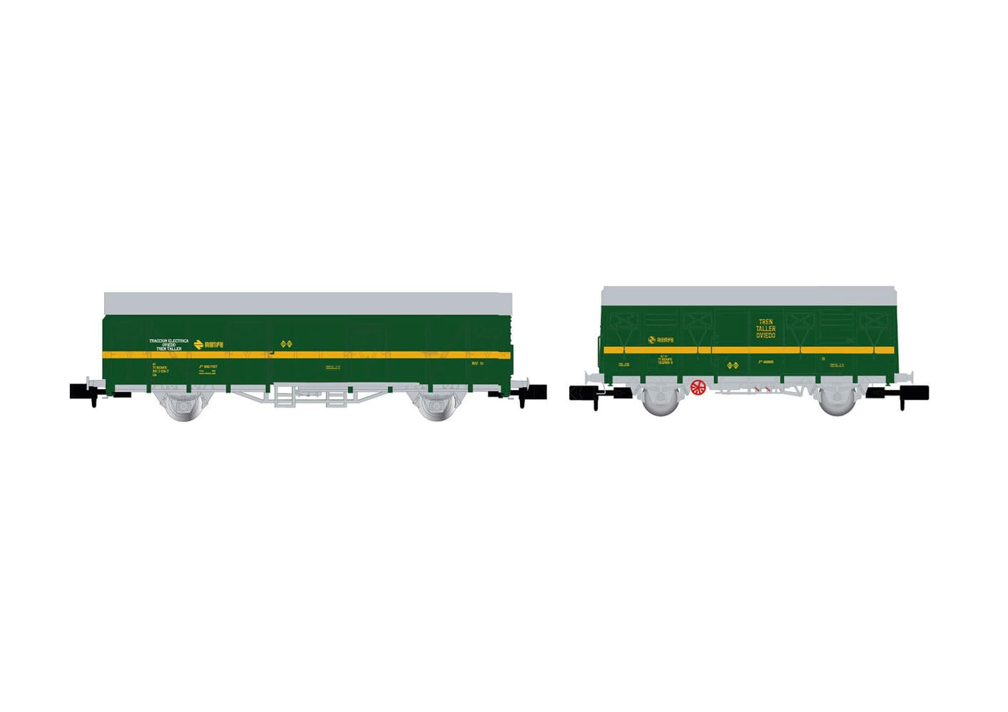 Wagen ORE und Gbs, grün-gelb, „tren taller Oviedo“