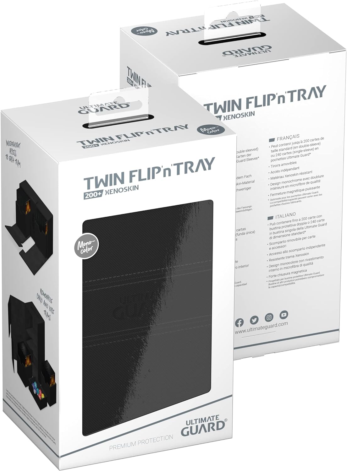 Ultimate Guard Flip 'n' Tray 200+, Deck Case for 200 Double-Sleeved TCG Cards + Dice Tray, Black, Independent Magnetic Closure & Microfiber Lining