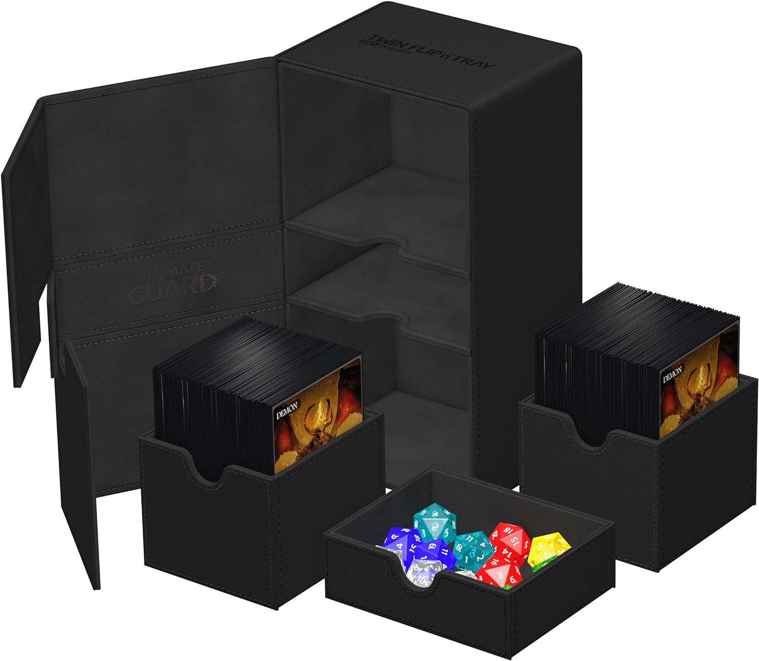 Ultimate Guard Flip 'n' Tray 200+, Deck Case for 200 Double-Sleeved TCG Cards + Dice Tray, Black, Independent Magnetic Closure & Microfiber Lining