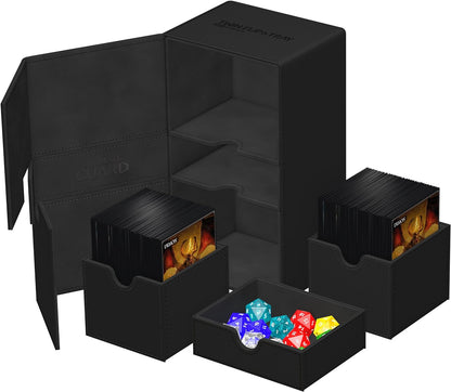 Ultimate Guard Flip 'n' Tray 200+, Deck Case for 200 Double-Sleeved TCG Cards + Dice Tray, Black, Independent Magnetic Closure & Microfiber Lining
