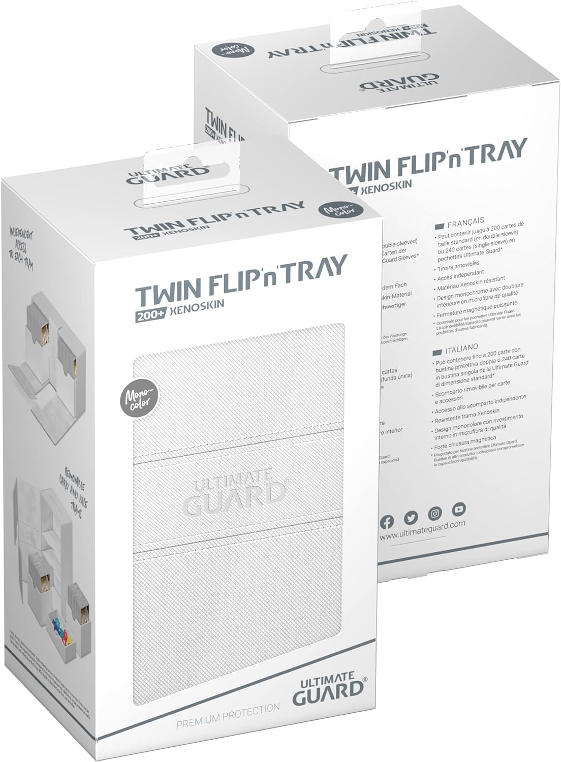 Ultimate Guard Flip 'n' Tray 200+, Deck Case for 200 Double-Sleeved TCG Cards + Dice Tray, White, Independent Magnetic Closure & Microfiber Lining