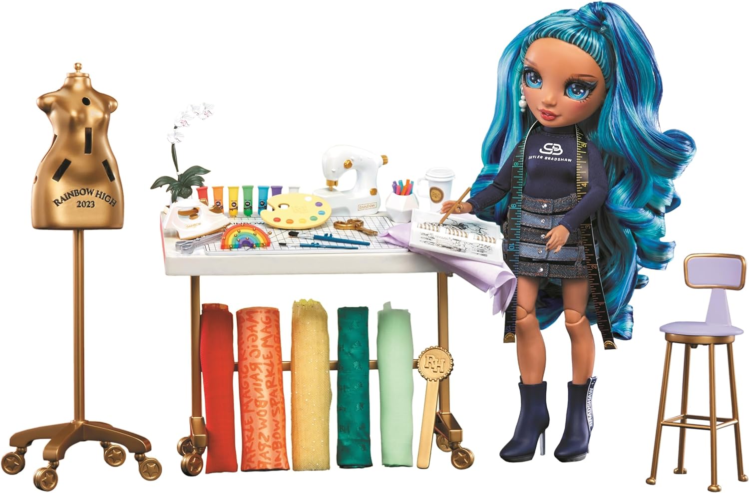 Rainbow High Dream & Design Fashion Studio Playset - Fashion Design Playset with Blue Skyler Bradshaw Doll and Easy No-Sew Fashion Kit - Ideal for Kids Ages 4-12 and Collectors
