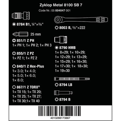 8100 SB 7 Zyklop Metal Push Ratchet & Socket Set of 29 Metric 3/8in Drive