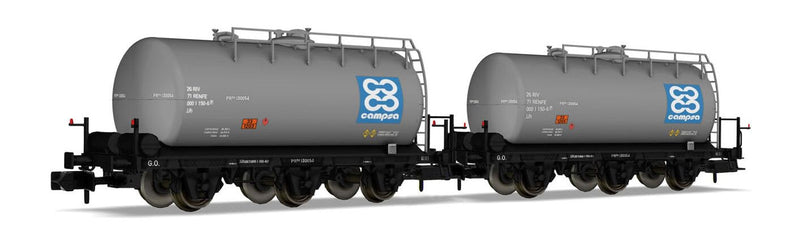 RENFE, ensemble de 2 wagons-citernes à 3 essieux, livrée CAMPSA, ép. IV (logo bleu avec 4x C