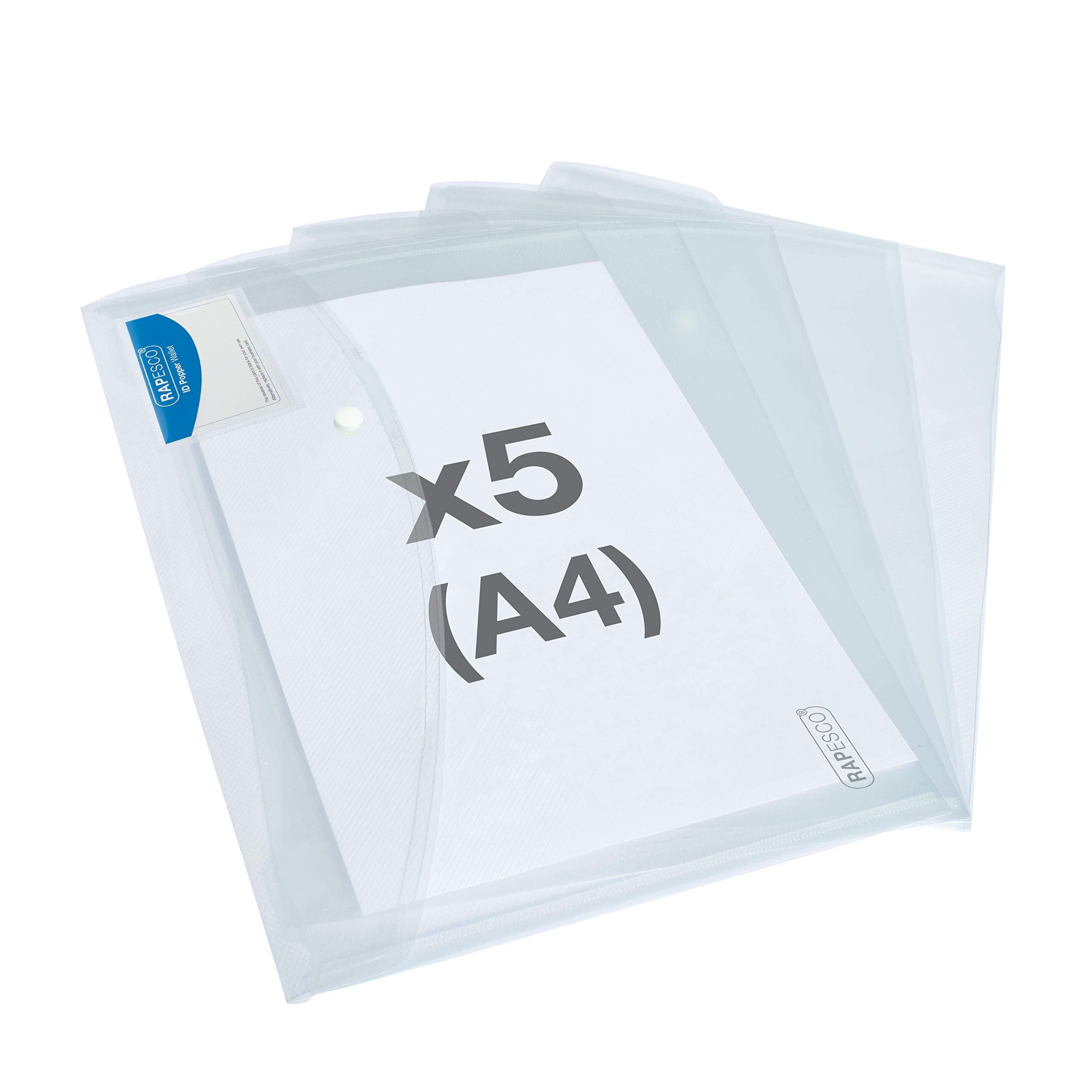 Rapesco 1629 ID Popper Wallet, A4+, Clear Transparent, Pack of 5