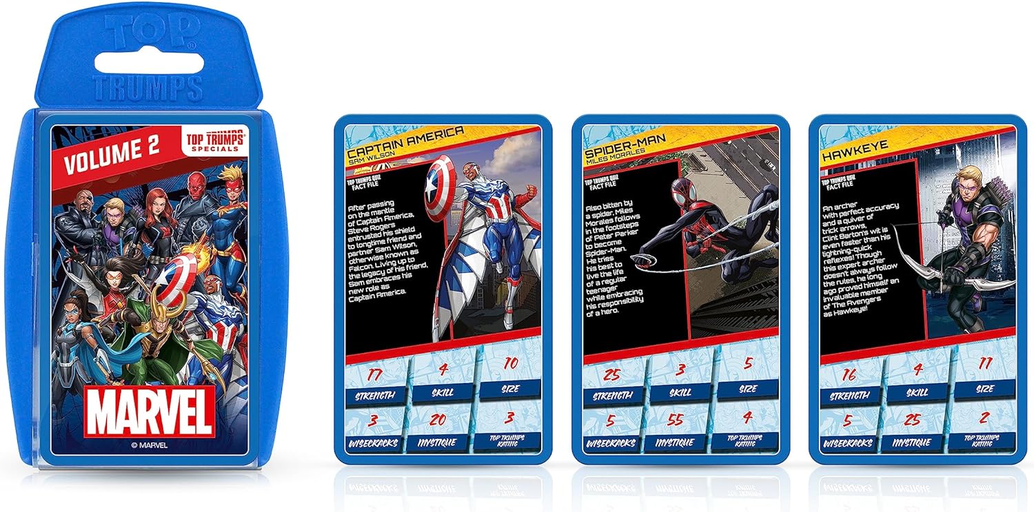 Top Trumps Specials Marvel Universe 2 Card Game, Play with Sam Wilson as Captain America, Miles Morales, Black Widow and Hawkeye, educational gift for ages 8 plus