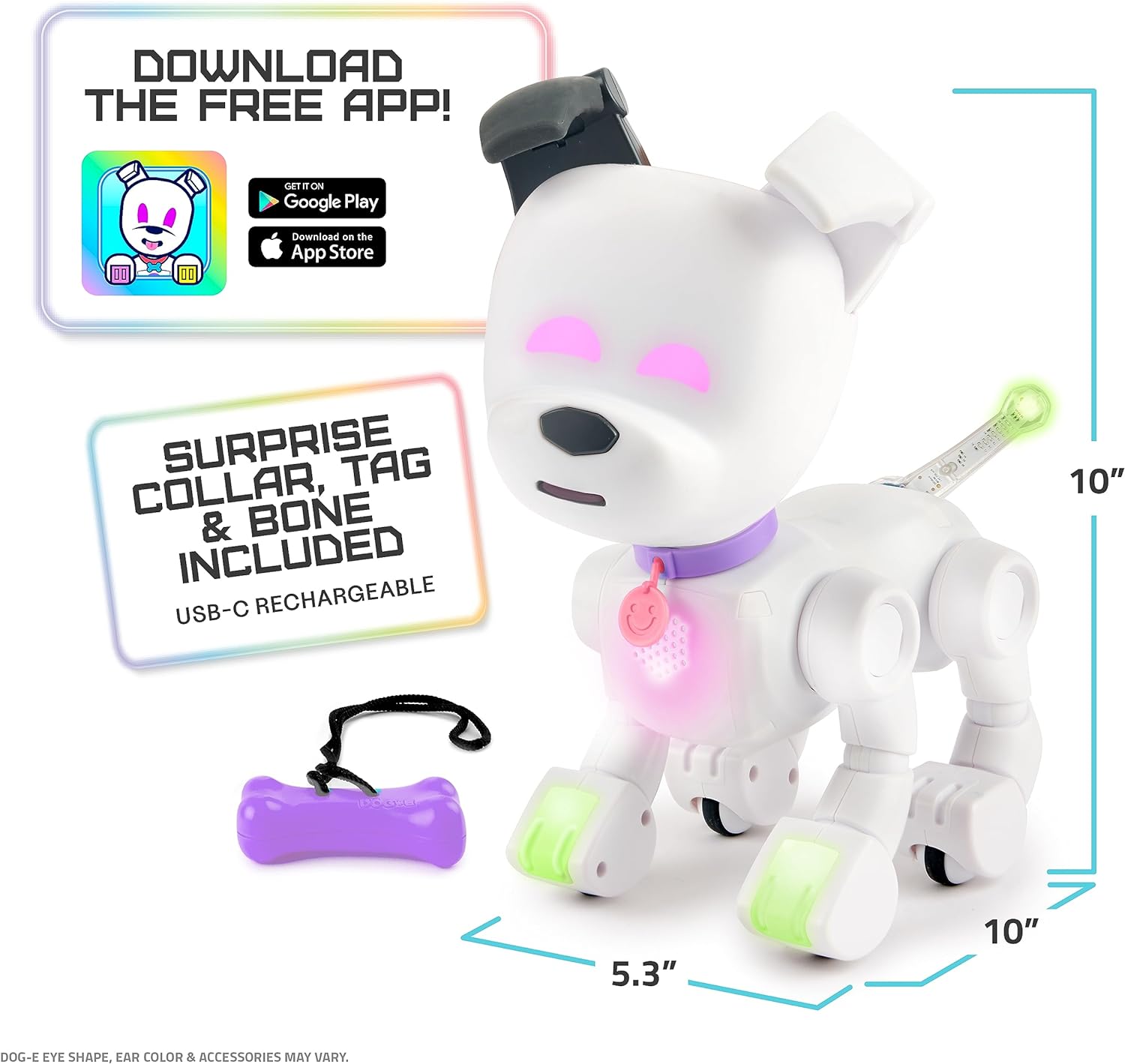 DOG-E Interactive Robot Dog with Colourful LED Lights, 200+ Sounds & Reactions, App Connected (Ages 6+), White