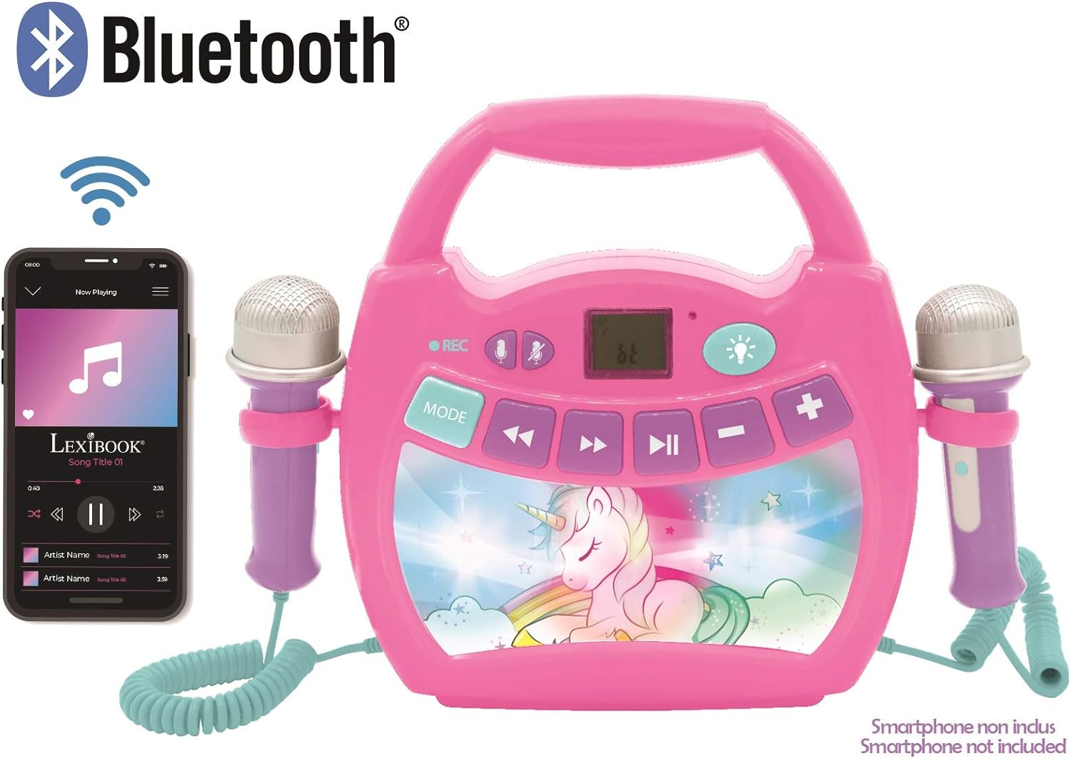 Lexibook, Unicorn, Portable karaoke digital player for kids, Microphones, Light effects, Bluetooth®, Record and voice changer functions, Pink, MP320UNIZ
