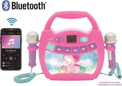 Lexibook, Unicorn, Portable karaoke digital player for kids, Microphones, Light effects, Bluetooth®, Record and voice changer functions, Pink, MP320UNIZ