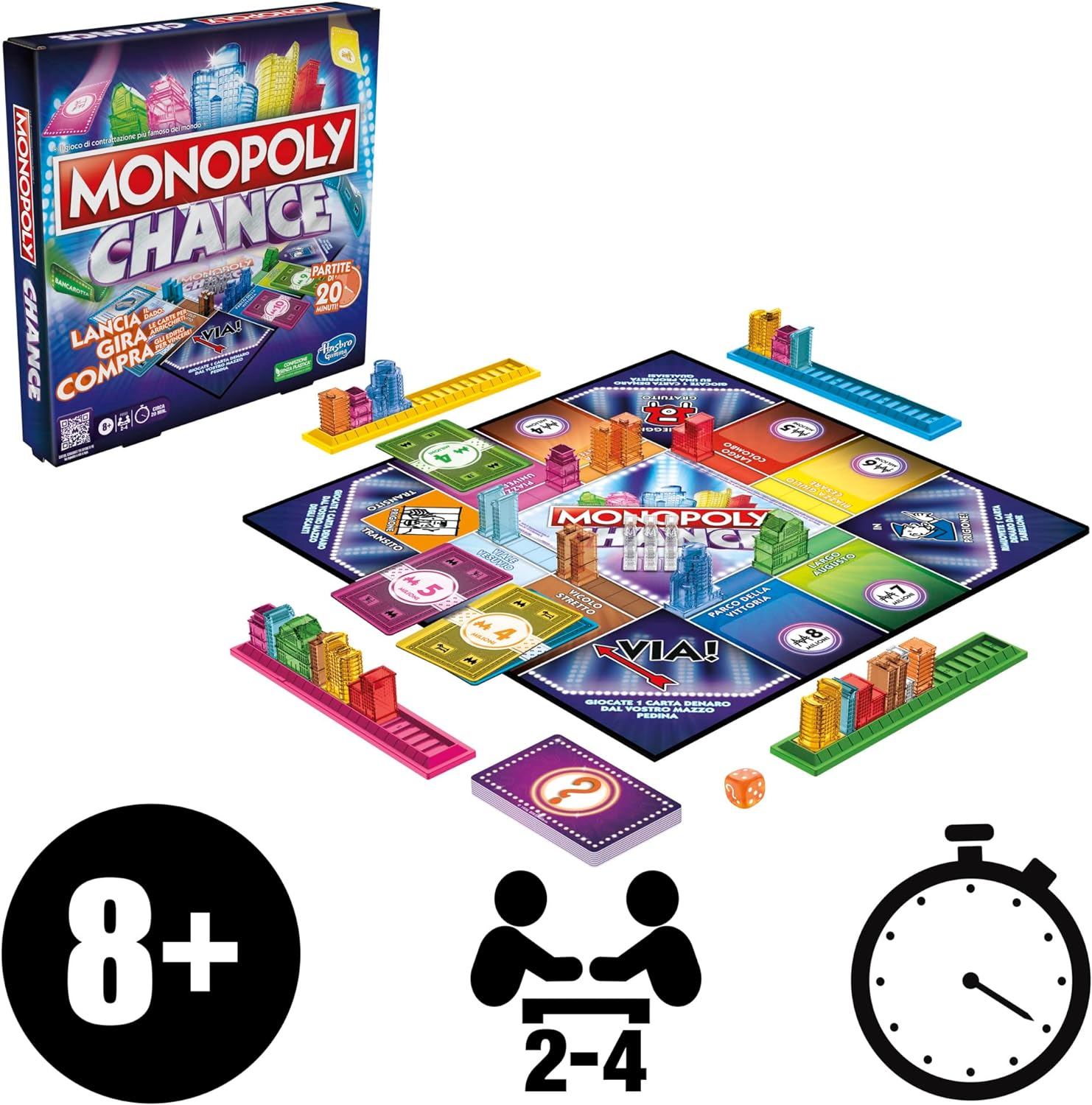 Monopoly Chance - gioco da tavolo, gioco per famiglie di Monopoly veloce da 2 a 4 giocatori, 20 min. circa
