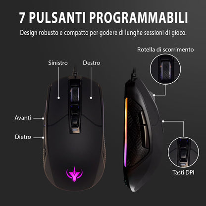 SPYCO Action MO-101, Gaming Mouse ergonomico, 7200 DPI, RGB light con 6 effetti cromatici, Peso 123g, 7 Pulsanti Programmabili, Filo Intrecciato