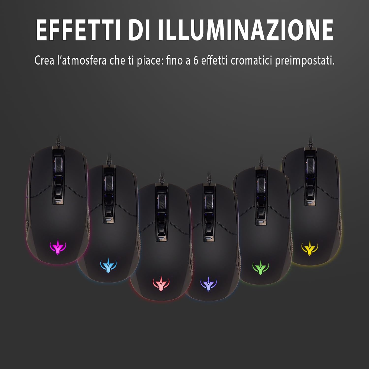 SPYCO Action MO-101, Gaming Mouse ergonomico, 7200 DPI, RGB light con 6 effetti cromatici, Peso 123g, 7 Pulsanti Programmabili, Filo Intrecciato