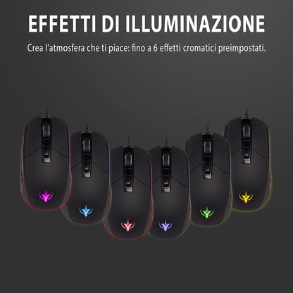 SPYCO Action MO-101, Gaming Mouse ergonomico, 7200 DPI, RGB light con 6 effetti cromatici, Peso 123g, 7 Pulsanti Programmabili, Filo Intrecciato