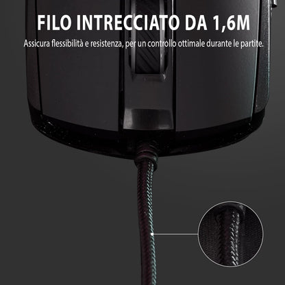 SPYCO Action MO-101, Gaming Mouse ergonomico, 7200 DPI, RGB light con 6 effetti cromatici, Peso 123g, 7 Pulsanti Programmabili, Filo Intrecciato