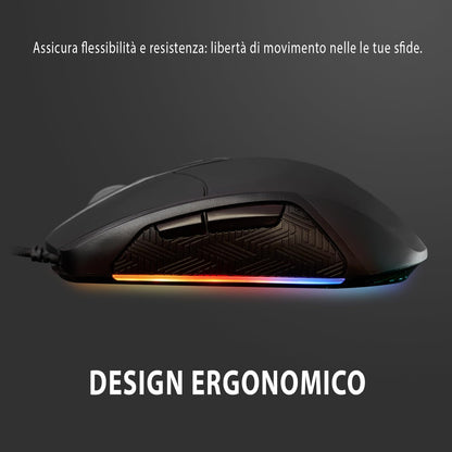 SPYCO Action MO-101, Gaming Mouse ergonomico, 7200 DPI, RGB light con 6 effetti cromatici, Peso 123g, 7 Pulsanti Programmabili, Filo Intrecciato