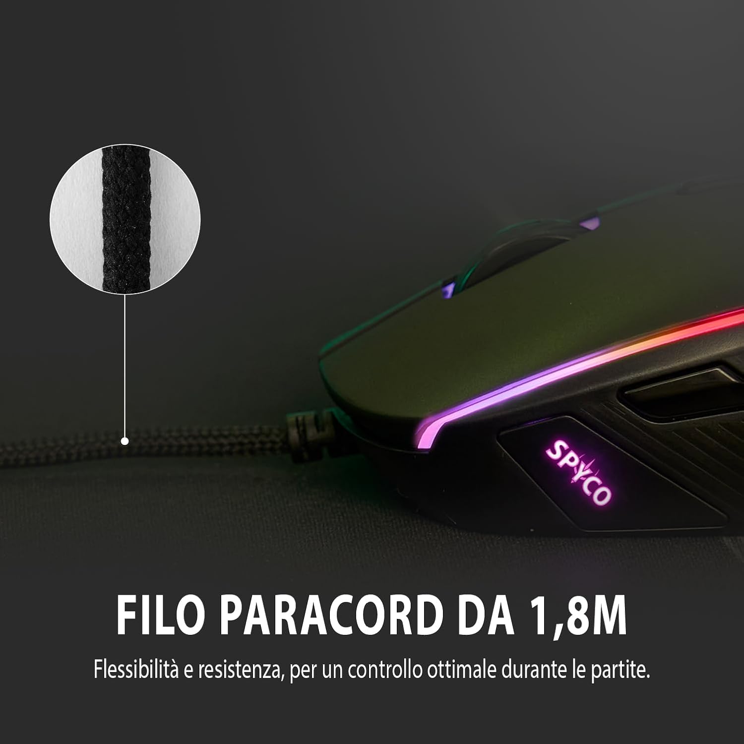 SPYCO Action MO-102, Ergonomic Gaming Mouse with High Performance, Chipset PMW 3360, 12.000 DPI, Polling Rate 1000Hz, RGB light, Weight 96 Grams, 6 Programmable Buttons, Paracord Wire