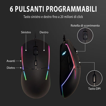 SPYCO Action MO-102, Ergonomic Gaming Mouse with High Performance, Chipset PMW 3360, 12.000 DPI, Polling Rate 1000Hz, RGB light, Weight 96 Grams, 6 Programmable Buttons, Paracord Wire