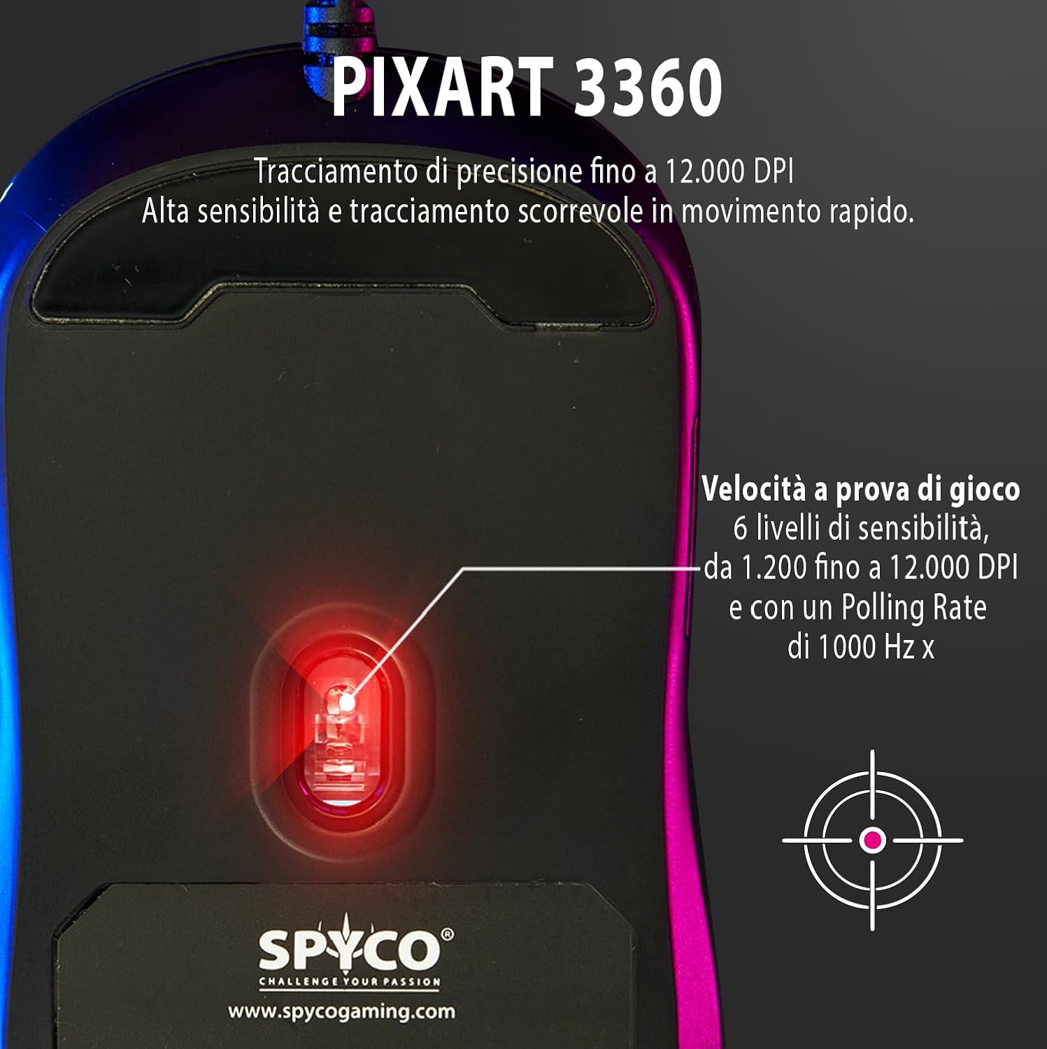 SPYCO Action MO-102, Ergonomic Gaming Mouse with High Performance, Chipset PMW 3360, 12.000 DPI, Polling Rate 1000Hz, RGB light, Weight 96 Grams, 6 Programmable Buttons, Paracord Wire