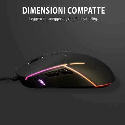 SPYCO Action MO-102, Ergonomic Gaming Mouse with High Performance, Chipset PMW 3360, 12.000 DPI, Polling Rate 1000Hz, RGB light, Weight 96 Grams, 6 Programmable Buttons, Paracord Wire