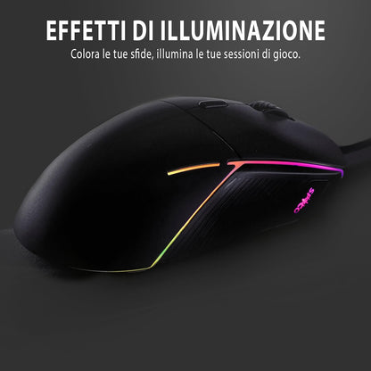 SPYCO Action MO-102, Ergonomic Gaming Mouse with High Performance, Chipset PMW 3360, 12.000 DPI, Polling Rate 1000Hz, RGB light, Weight 96 Grams, 6 Programmable Buttons, Paracord Wire