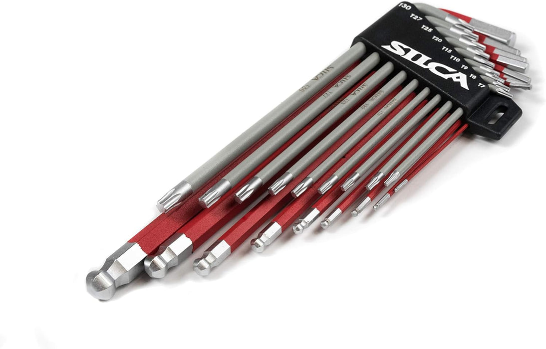 SILCA HX-TWO Heavy Duty Essential Metric Hex and Torx Set | Torx 7 - T30 - Hex 1.5 - H10 | Powder coated Red and Grey textured non slip grip | Swiss tool steel L wrench Allen key.
