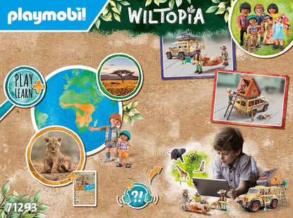 PLAYMOBIL Wiltopia 71293 Mit dem Geländewagen bei den Löwen, abenteuerliche Tierverarztung in der Savanne, Lernspielzeug aus nachhaltigem Material, Spielzeug für Kinder ab 4 Jahren