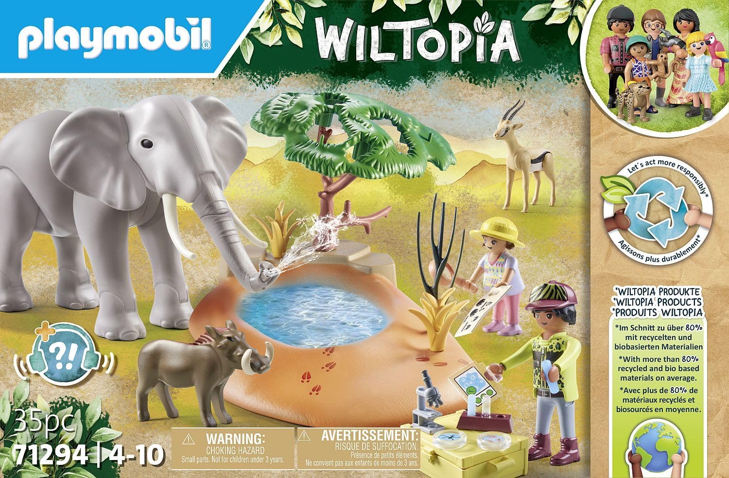 PLAYMOBIL Wiltopia 71294 Spritztour zum Wasserloch, aufregendes Safari-Erlebnis mit tierischem Lerneffekt, nachhaltiges Spielzeug für Kinder ab 4 Jahren