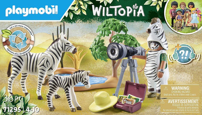 PLAYMOBIL Wiltopia 71295 Unterwegs mit der Tierfotografin, mit dem Fotoapparat auf unvergesslicher Reise durch die Wildnis, Erfroschung der Zebras, Spielzeug für Kinder ab 4 Jahren