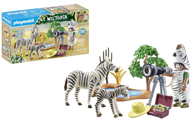 PLAYMOBIL Wiltopia 71295 Unterwegs mit der Tierfotografin, mit dem Fotoapparat auf unvergesslicher Reise durch die Wildnis, Erfroschung der Zebras, Spielzeug für Kinder ab 4 Jahren