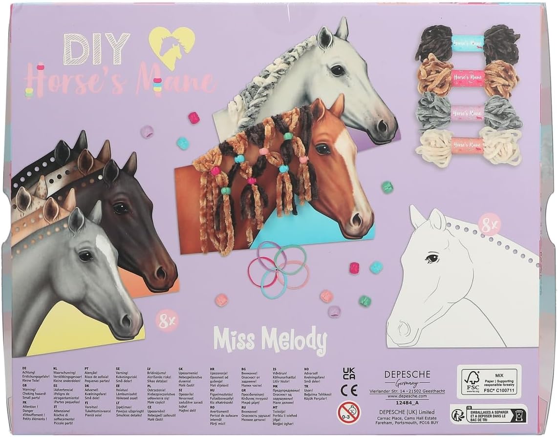 Depesche 12484 Miss Melody Horse Mane Braiding DIY Set Including 8 Cardboard Boxes in Horse Head Shape, 4 Wool Threads and Colourful Rubber Bands and Clips