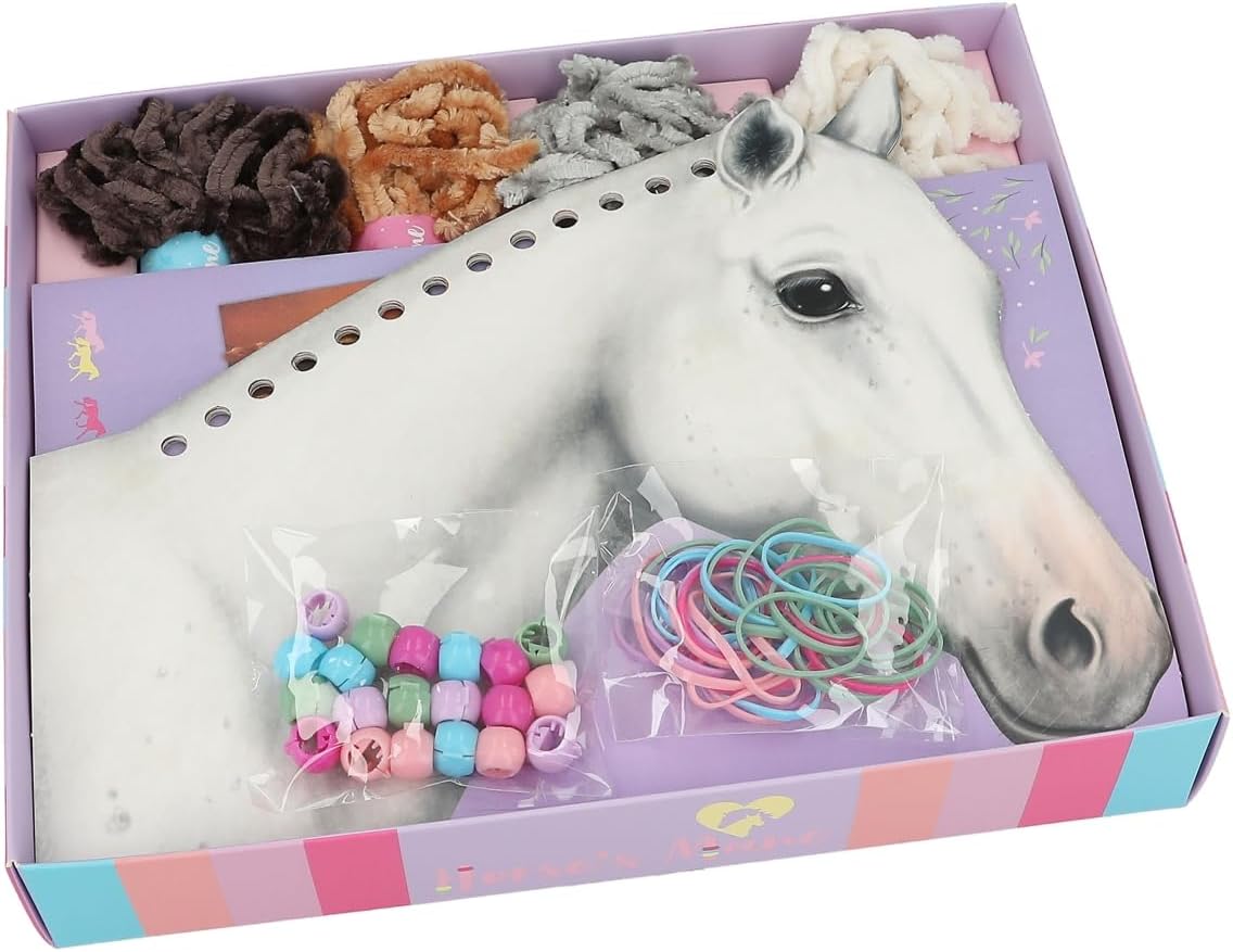Depesche 12484 Miss Melody Horse Mane Braiding DIY Set Including 8 Cardboard Boxes in Horse Head Shape, 4 Wool Threads and Colourful Rubber Bands and Clips