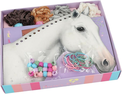 Depesche 12484 Miss Melody Horse Mane Braiding DIY Set Including 8 Cardboard Boxes in Horse Head Shape, 4 Wool Threads and Colourful Rubber Bands and Clips