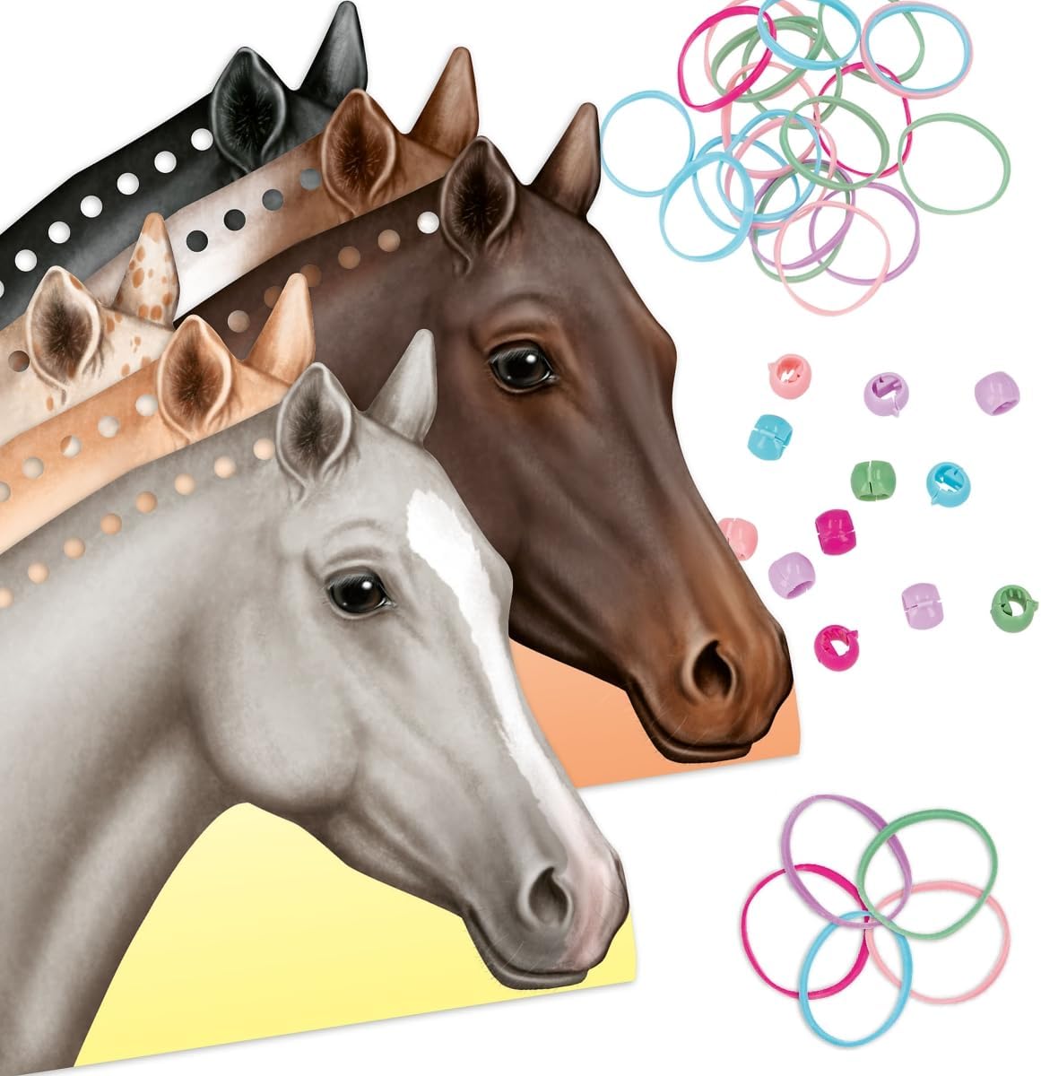 Depesche 12484 Miss Melody Horse Mane Braiding DIY Set Including 8 Cardboard Boxes in Horse Head Shape, 4 Wool Threads and Colourful Rubber Bands and Clips
