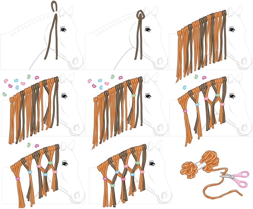 Depesche 12484 Miss Melody Horse Mane Braiding DIY Set Including 8 Cardboard Boxes in Horse Head Shape, 4 Wool Threads and Colourful Rubber Bands and Clips