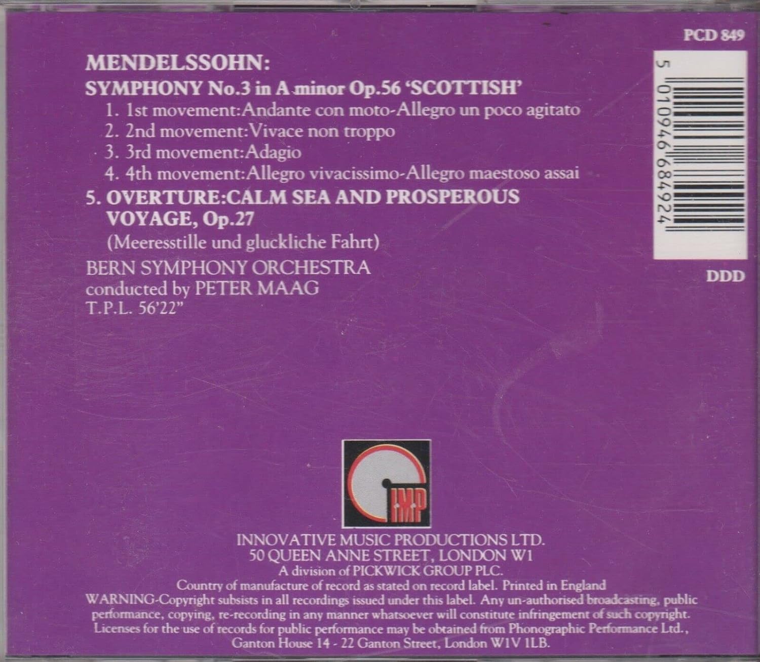 Mendelssohn: Symphony No3; Overture Op27