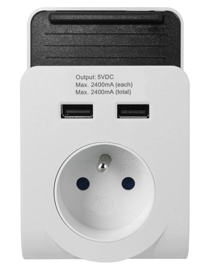 Power Plug Adapter, 2 Usb Ports, 2.4A, Smartphone Stand, White