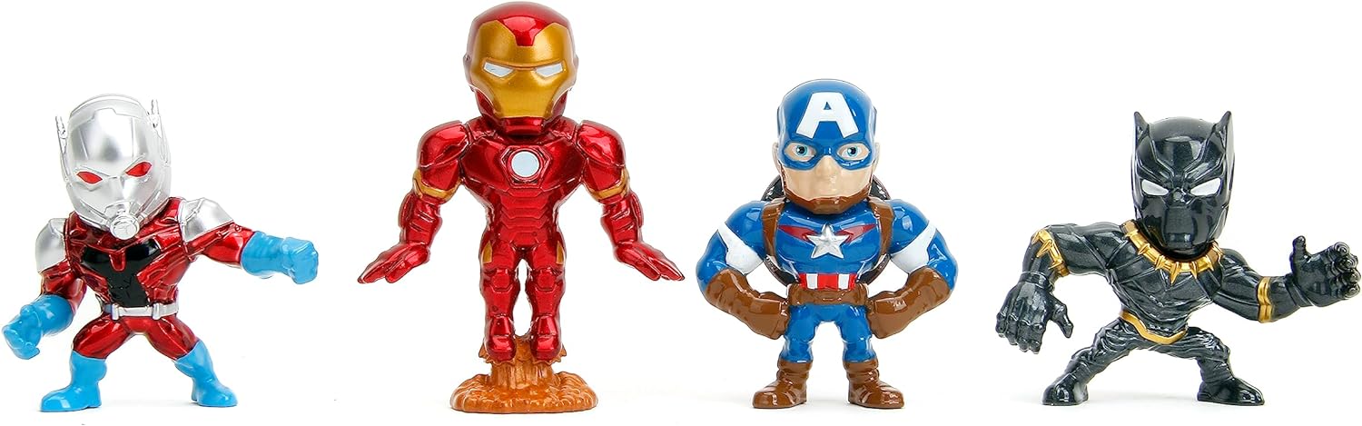 Jada- Pack de 4 Figuras de los Vengadores- Hechos en Metal Fundido, Iron Man, Capitán América, Black Panther, Antzman, de 7cm, A Partir de 8 años (253222014)