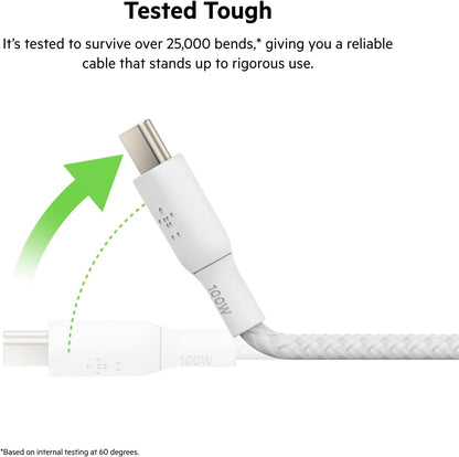 Belkin USB Type C to C Cable, 100W Power Delivery USB-IF Certified 2.0 USB C Charger Cable with Double Braided Nylon Exterior for iPhone 15, iPad, MacBook, Samsung Galaxy, Pixel and More -2 m, white