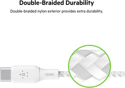 Belkin USB Type C to C Cable, 100W Power Delivery USB-IF Certified 2.0 USB C Charger Cable with Double Braided Nylon Exterior for iPhone 15, iPad, MacBook, Samsung Galaxy, Pixel and More -2 m, white