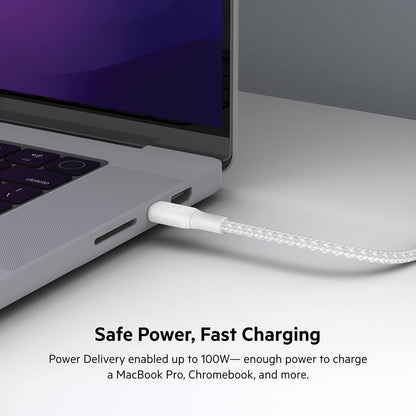 Belkin USB Type C to C Cable, 100W Power Delivery USB-IF Certified 2.0 USB C Charger Cable with Double Braided Nylon Exterior for iPhone 15, iPad, MacBook, Samsung Galaxy, Pixel and More -2 m, white
