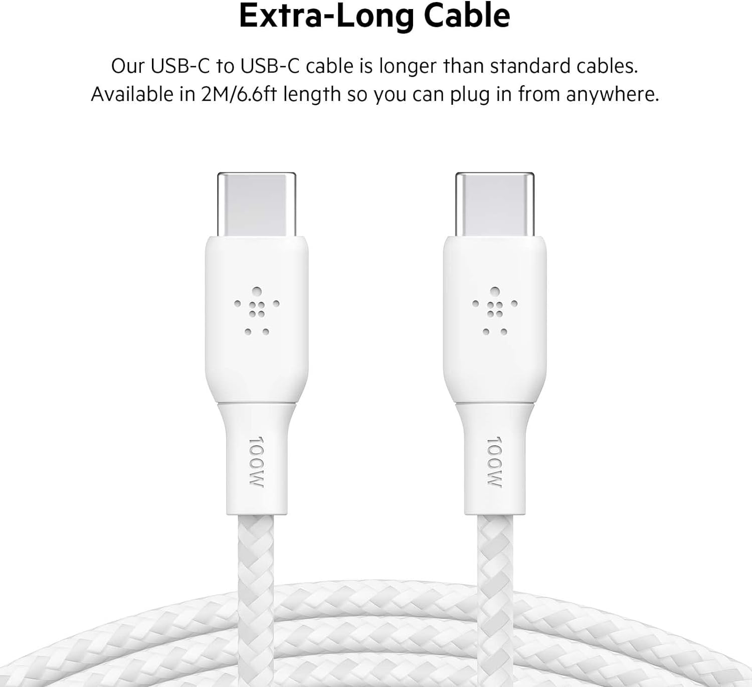 Belkin USB Type C to C Cable, 100W Power Delivery USB-IF Certified 2.0 USB C Charger Cable with Double Braided Nylon Exterior for iPhone 15, iPad, MacBook, Samsung Galaxy, Pixel and More -2 m, white
